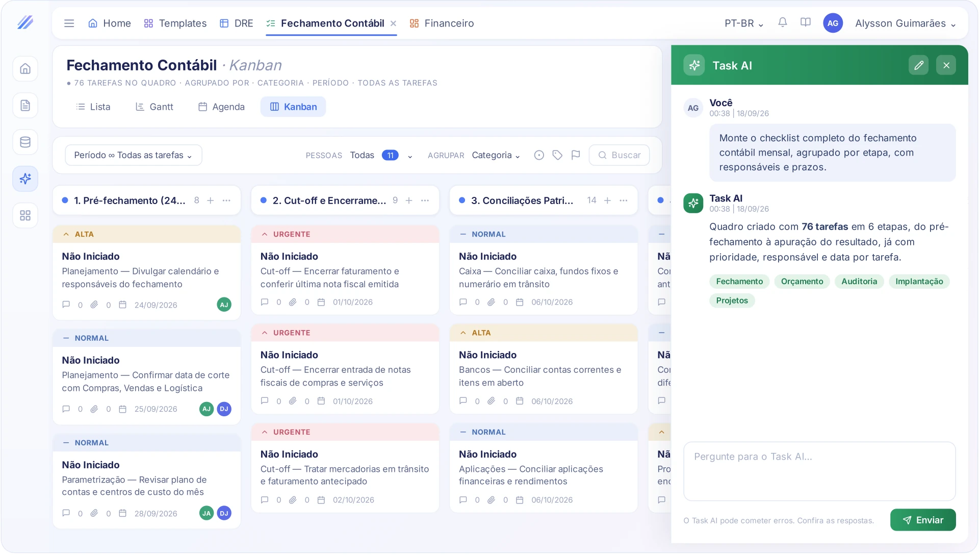 Kanban de fechamento contábil criado pelo Task AI