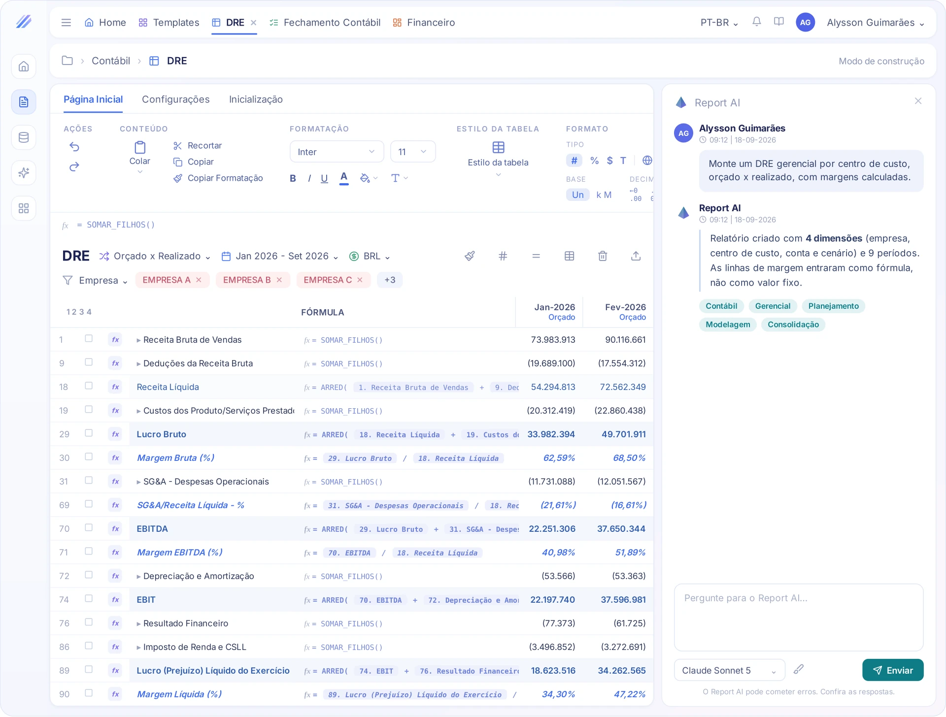 Tela do Report AI com DRE gerencial orçado x realizado