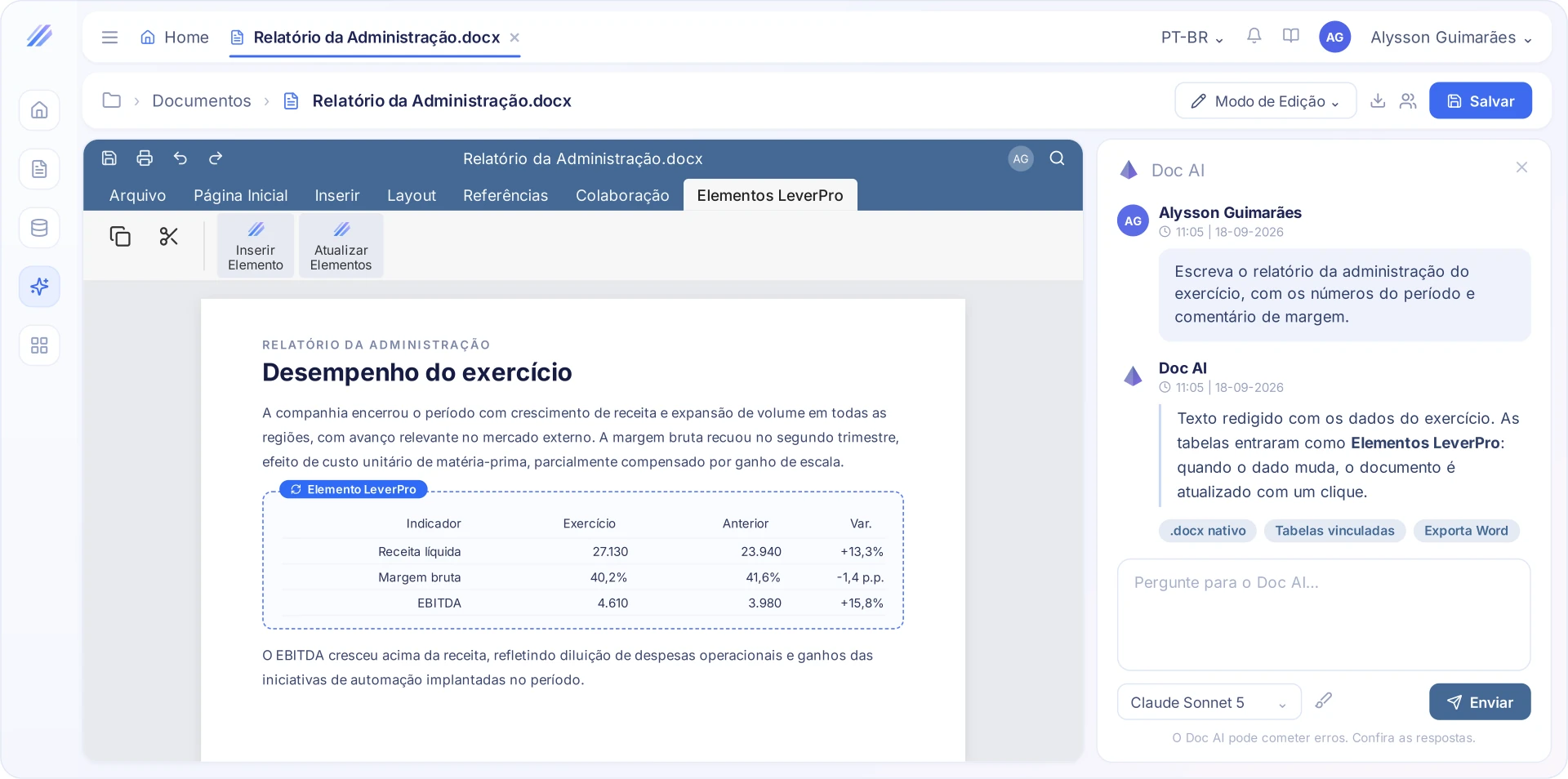 Relatório da administração redigido pelo Doc AI
